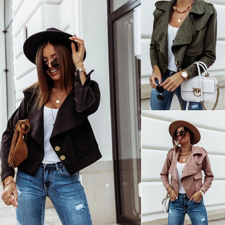 Women's Cropped Suede Jacket with Wide Lapels and Gold Decorative Buttons Mune Fashion