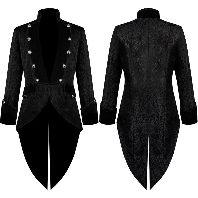 Men's fitted brocade coat in military style with stand-up collar and decorative cord.