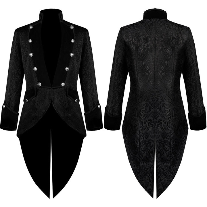 Men's fitted brocade coat in military style with stand-up collar and decorative cord.