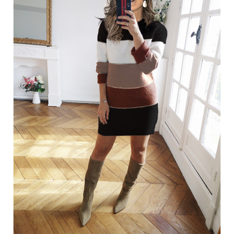Women striped knitted dress with figure-hugging fit, ribbed hem and long sleeves Mune Fashion