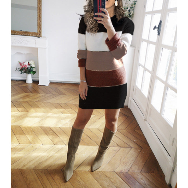 Women striped knitted dress with figure-hugging fit, ribbed hem and long sleeves Mune Fashion