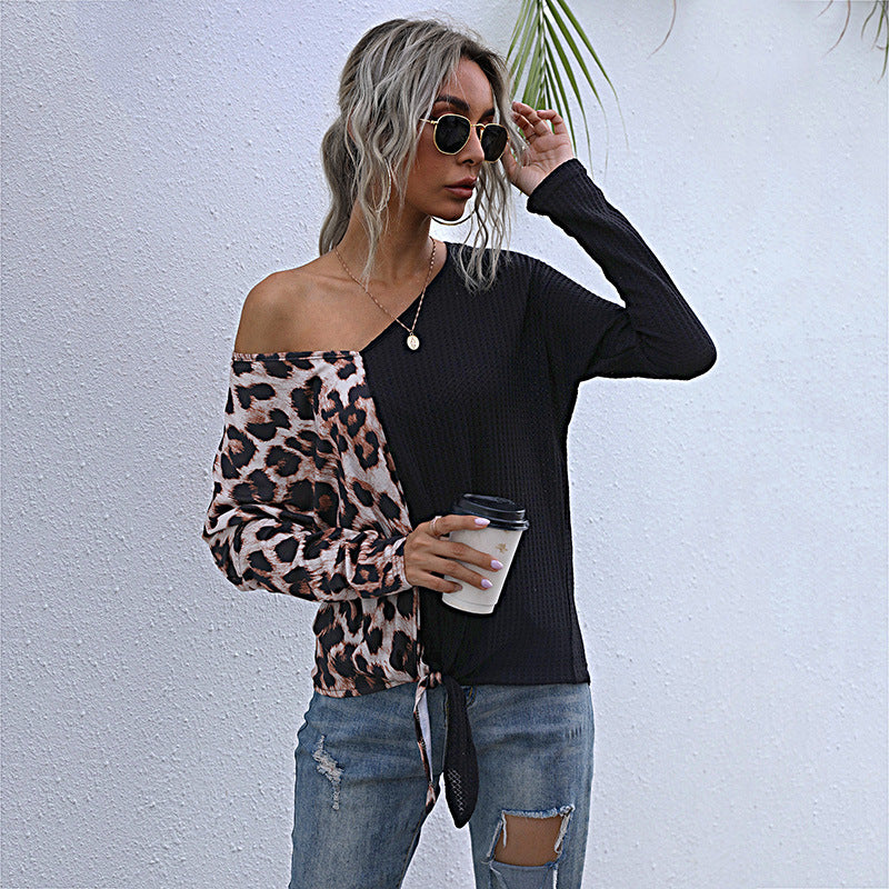 Women's Oversized Long Sleeve with Asymmetrical Material Mix, V-Neck and Knot Front Mune Fashion