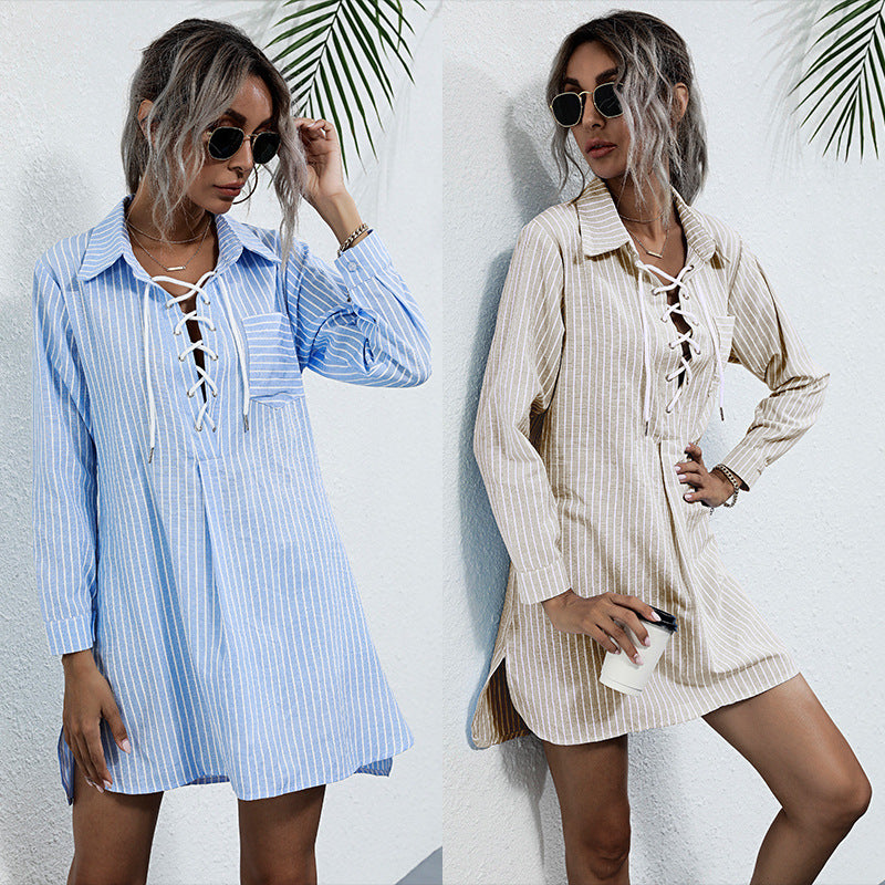 Women's Striped Shirt Dress with Laced Front, Long Sleeve & Side Slits Mune Fashion