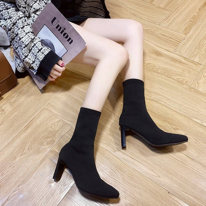 Ladies knitted sock boots with pointed toe elastic shaft and mid-high block heel Mune Fashion