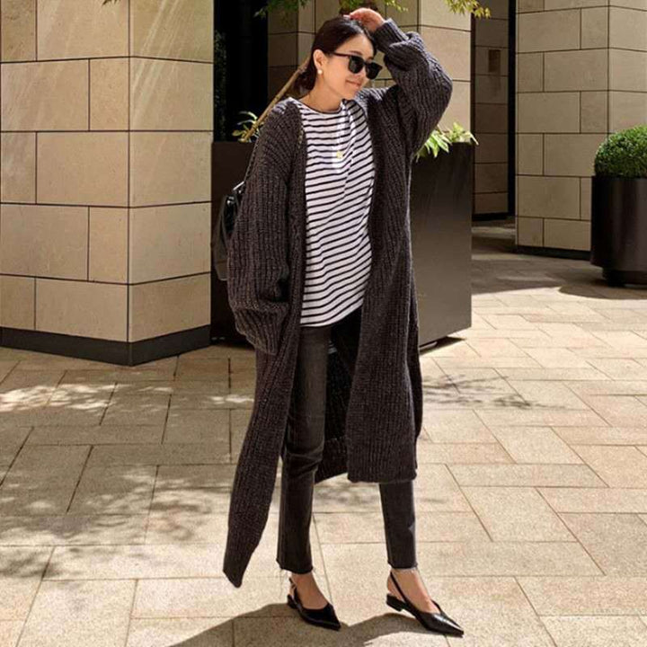 Women's Long Chunky Knit Cardigan with Oversized Fit, Shawl Collar and Patch Pockets Mune Fashion