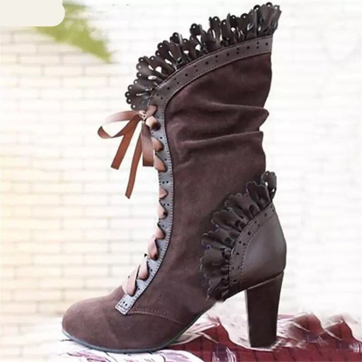 Women’s lace-up ankle boots with ruffle trim and medium block heel Mune Fashion