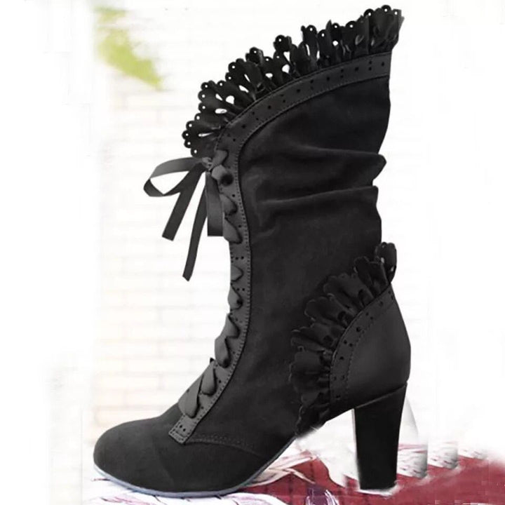 Women’s lace-up ankle boots with ruffle trim and medium block heel Mune Fashion