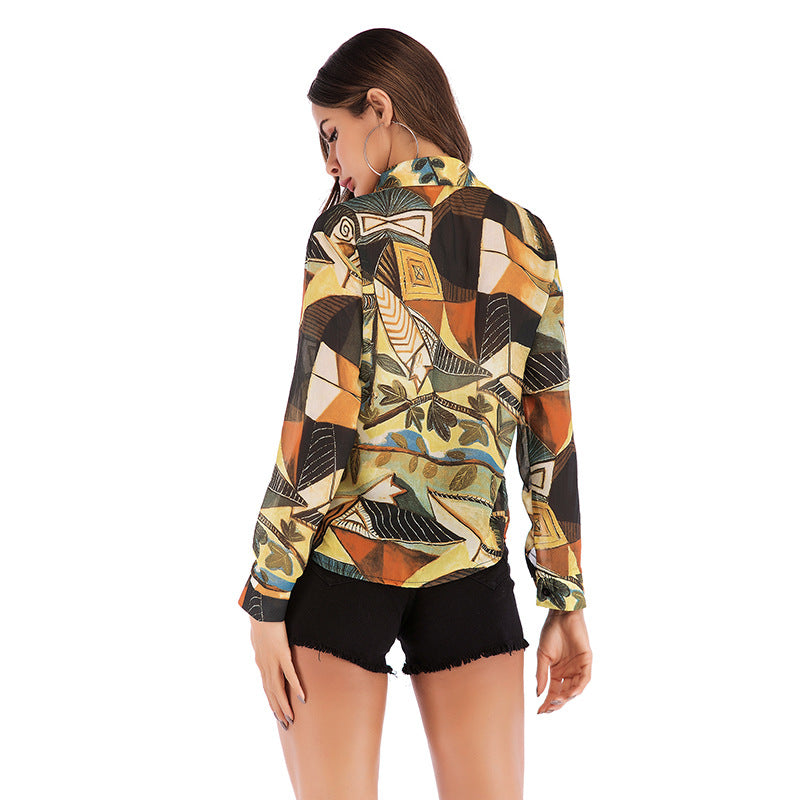 Women Printed Shirt Blouse with Graphic Patchwork Print & Button Placket Mune Fashion