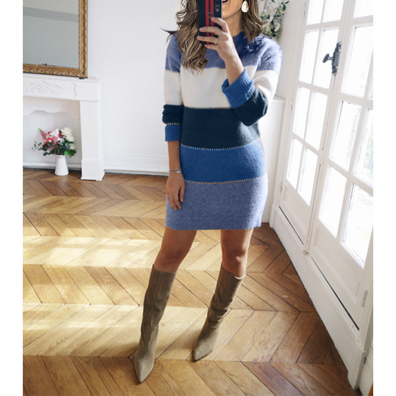 Women striped knitted dress with figure-hugging fit, ribbed hem and long sleeves Mune Fashion