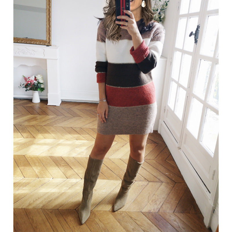 Women striped knitted dress with figure-hugging fit, ribbed hem and long sleeves Mune Fashion