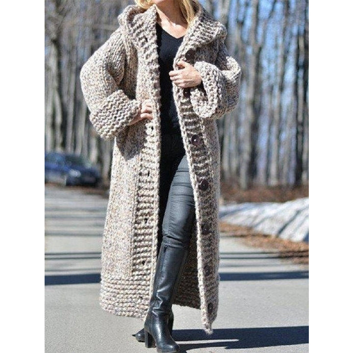 Women's Oversize Chunky Knit Maxi Coat with Hood and Button Placket Mune Fashion