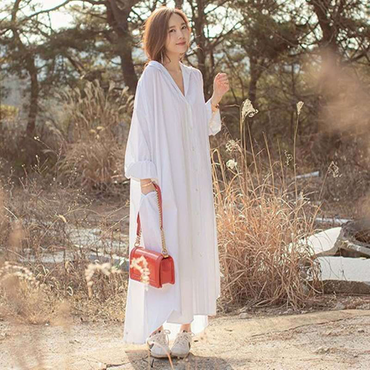 Women Oversized Hoodie Dress with concealed button placket, side pockets and light drape Mune Fashion