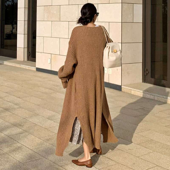 Women's Long Chunky Knit Cardigan with Oversized Fit, Shawl Collar and Patch Pockets Mune Fashion