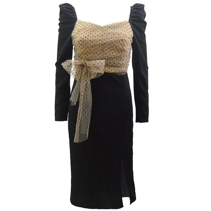 Women Elegant Midi Dress with Transparent Dot Chiffon Top, Puff Sleeves & Waist Belt Mune Fashion