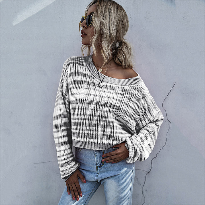 Ladies Cropped Knit Sweater with Off-Shoulder, Loose Oversize Fit & Striped Pattern Mune Fashion