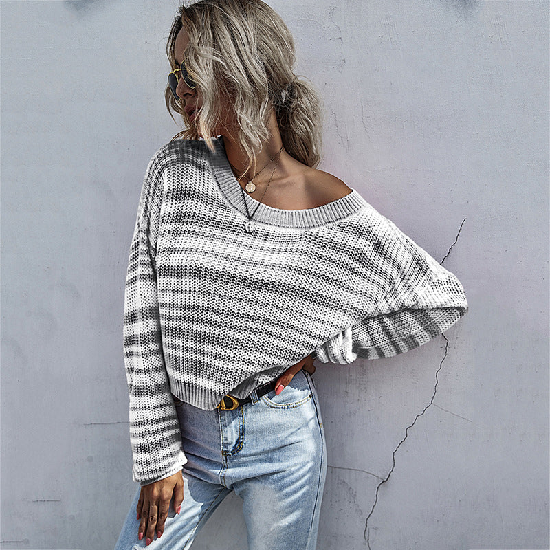 Women’s oversized striped cropped knit sweater with asymmetric off-the-shoulder neckline Mune Fashion