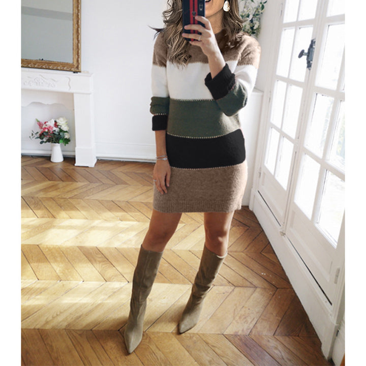 Women striped knitted dress with figure-hugging fit, ribbed hem and long sleeves Mune Fashion