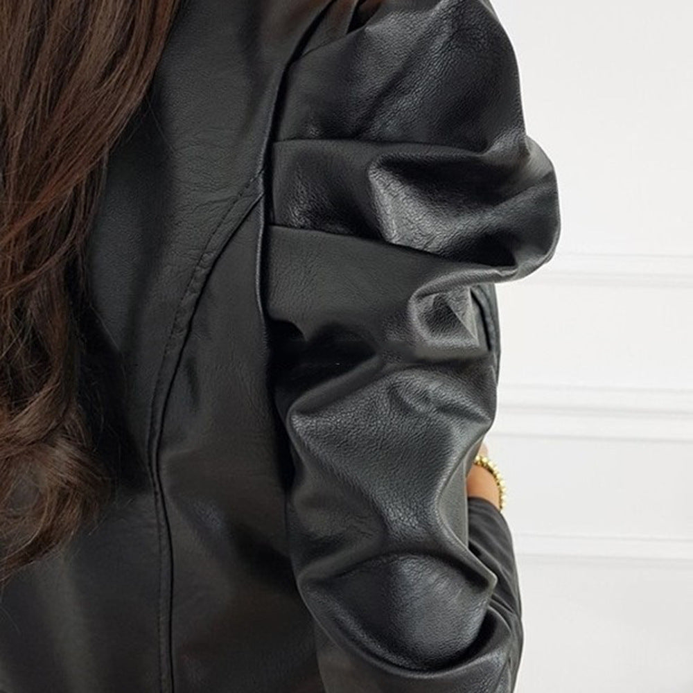 Women's fitted short jacket made of faux leather with puff sleeves and zipper Mune Fashion