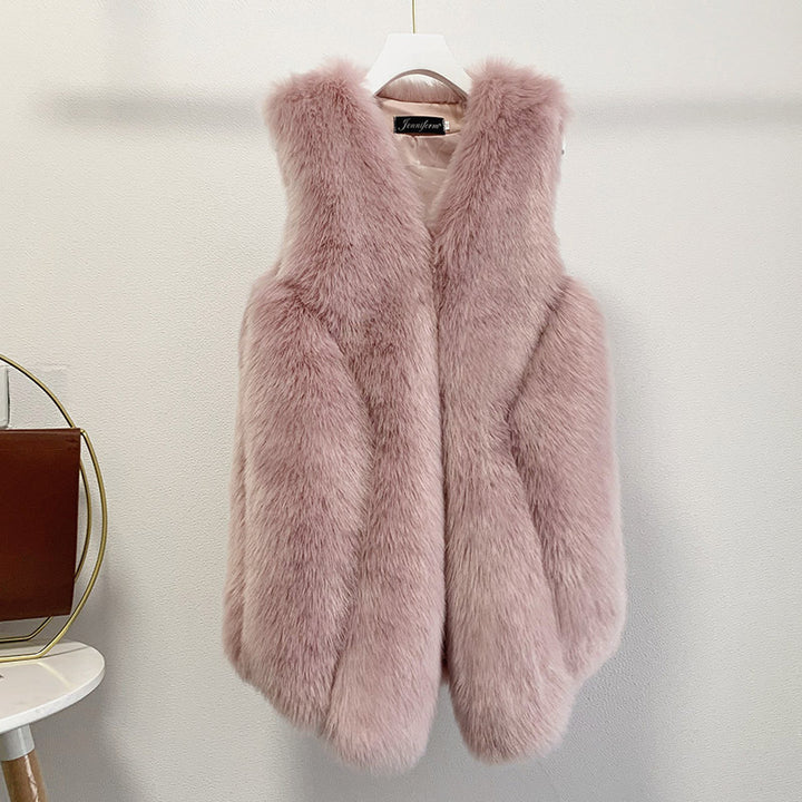 Ladies faux fur vest with long pile fur, waist-length A-line and padded inner finish Mune Fashion