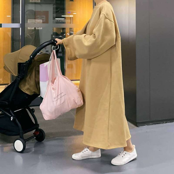 Women's Oversized Sweat Dress with Balloon Sleeves and Maxi Length Mune Fashion