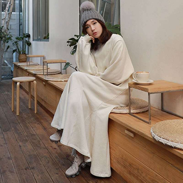 Women’s Thermo Maxi Fleece Dress with Oversize Silhouette, Round Neck and Seams Mune Fashion