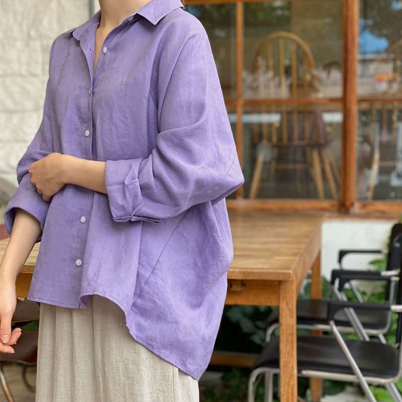 Women's Lightweight Oversized Linen Blouse with Shirt Collar and Rounded Hem Mune Fashion