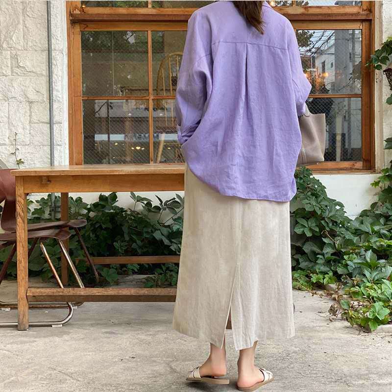 Women's Lightweight Oversized Linen Blouse with Shirt Collar and Rounded Hem Mune Fashion