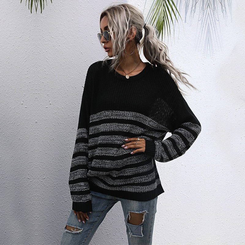 Women's Casual Knit Sweater in Block Stripe Mix with Oversized Silhouette Mune Fashion