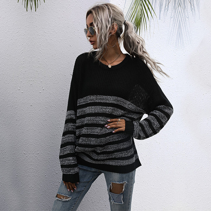 Women's Casual Knit Sweater in Block Stripe Mix with Oversized Silhouette Mune Fashion