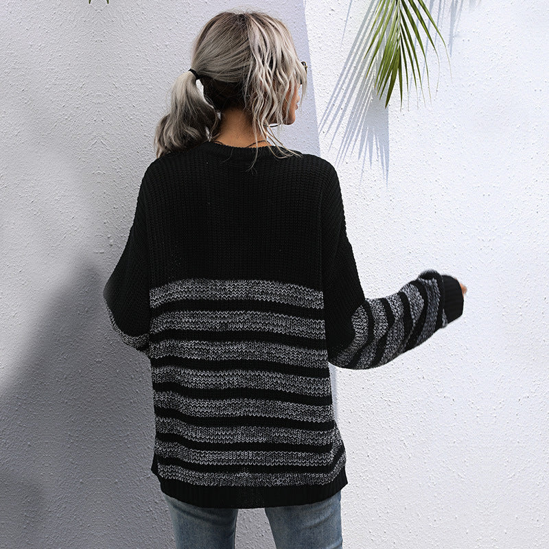 Women's Oversized Fine Knit Sweater with Round Neck and Striped Structure Pattern Mune Fashion
