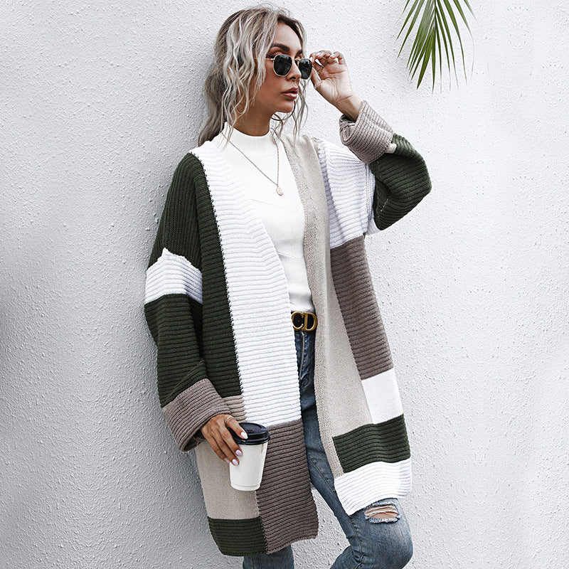 Women's Oversized Knit Cardigan with Colorblock Patchwork and Open Front Mune Fashion