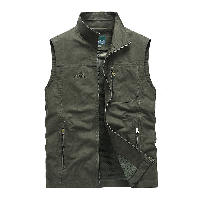 Men's sleeveless lightweight canvas utility vest with breathable mesh lining, wind-resistant front, and multiple zippered pockets Mune Fashion