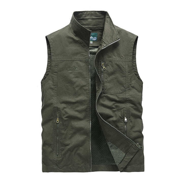 Men's sleeveless lightweight canvas utility vest with breathable mesh lining, wind-resistant front, and multiple zippered pockets Mune Fashion