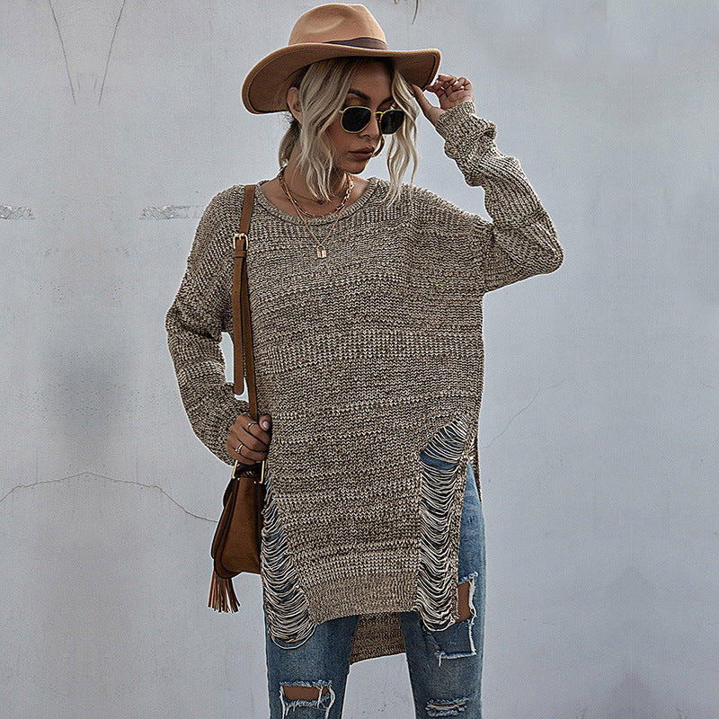 Women Oversized Long Sweater with Fringe Slits and High-Low Hem Mune Fashion