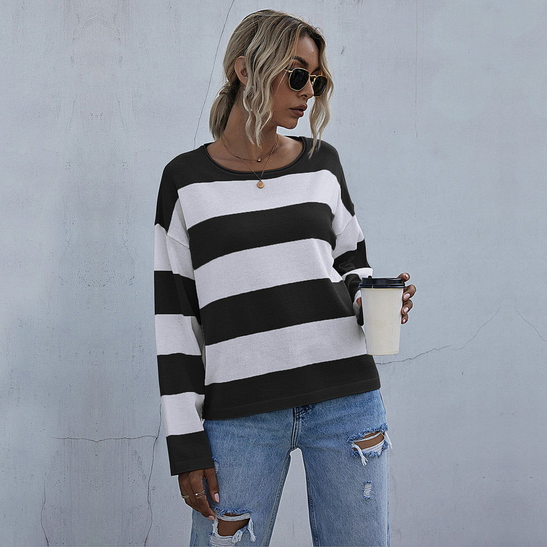 Women Loose Striped Sweater with Bardot Neckline and Oversized Cut Mune Fashion