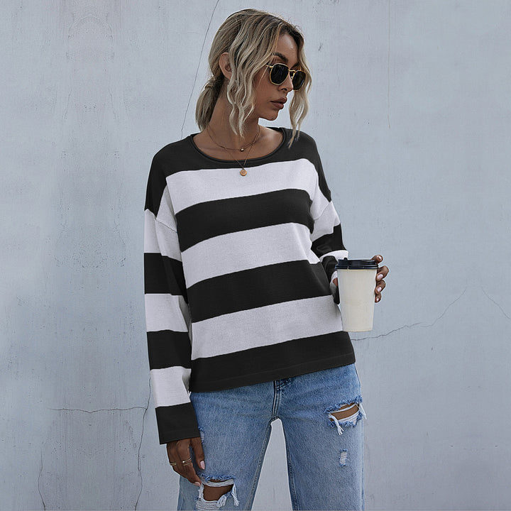 Women Loose Striped Sweater with Bardot Neckline and Oversized Cut Mune Fashion