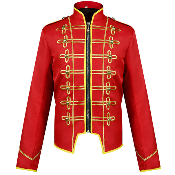 Men's nan hussar uniform jacket in parade style with stand-up collar, decorative cords, and concealed zipper.
