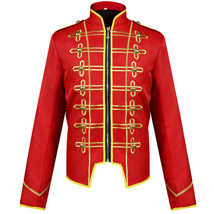 Men's nan hussar uniform jacket in parade style with stand-up collar, decorative cords, and concealed zipper.