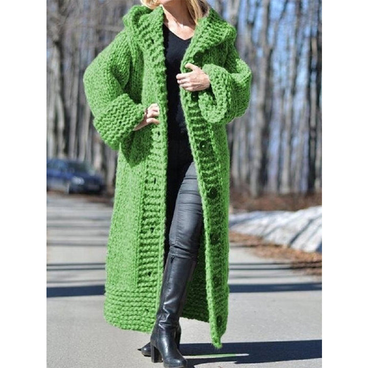 Women's Oversize Chunky Knit Maxi Coat with Hood and Button Placket Mune Fashion