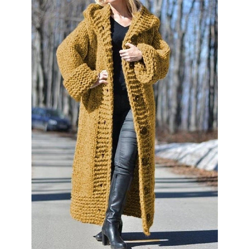 Women's Oversize Chunky Knit Maxi Coat with Hood and Button Placket Mune Fashion
