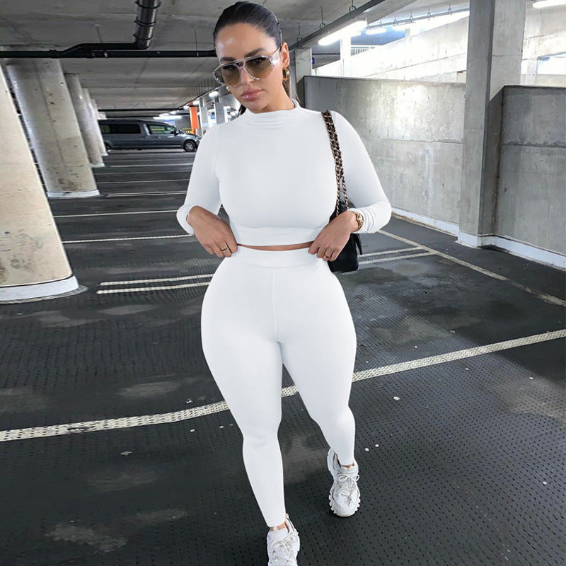 Women's Fitted Sports Two-Piece Set with Long Sleeve Crop Top and High Waisted Leggings Mune Fashion