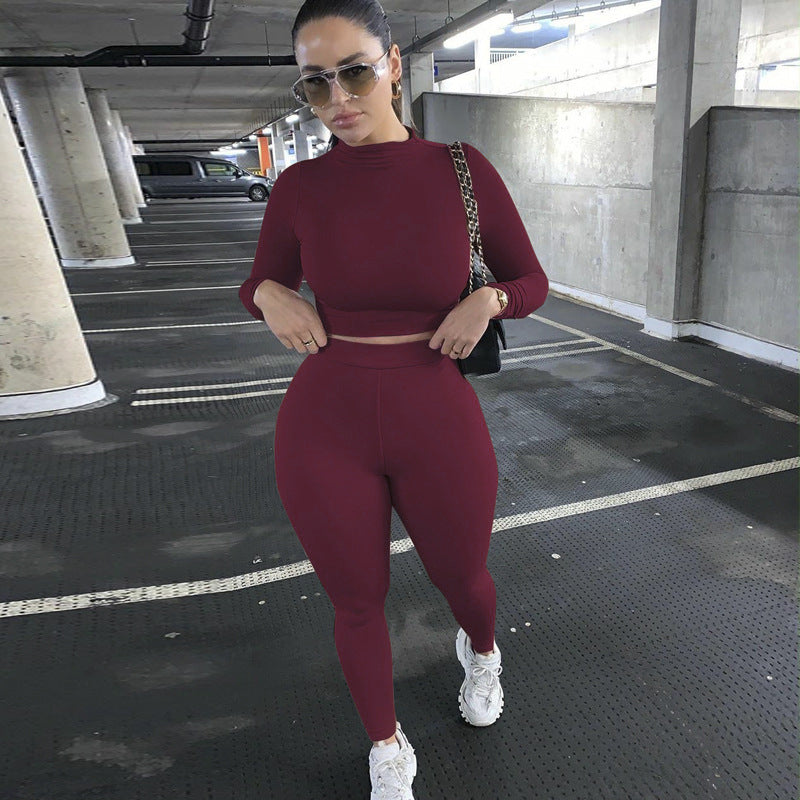 Women's Fitted Sports Two-Piece Set with Long Sleeve Crop Top and High Waisted Leggings Mune Fashion