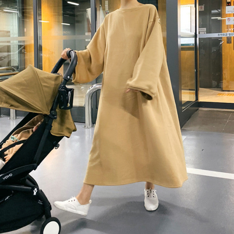Women's Oversized Sweat Dress with Balloon Sleeves and Maxi Length Mune Fashion