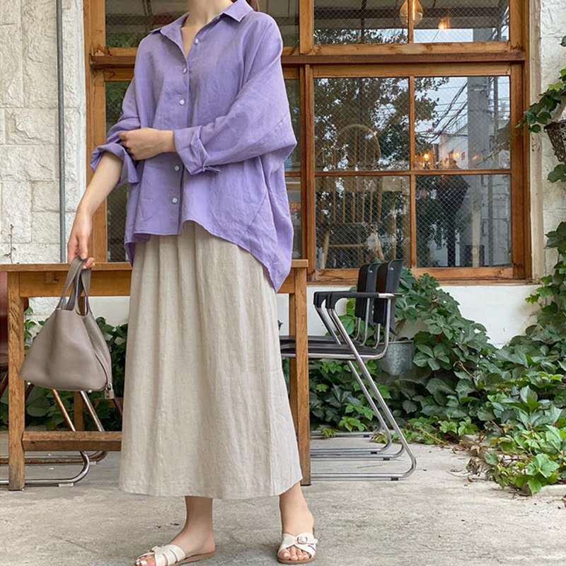 Women's Lightweight Oversized Linen Blouse with Shirt Collar and Rounded Hem Mune Fashion
