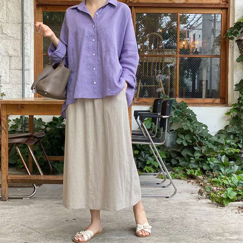 Women's Lightweight Oversized Linen Blouse with Shirt Collar and Rounded Hem Mune Fashion