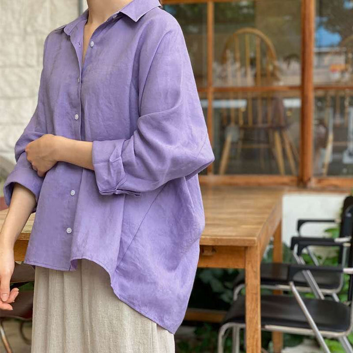 Women's Lightweight Oversized Linen Blouse with Shirt Collar and Rounded Hem Mune Fashion
