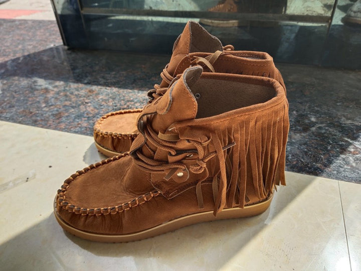 Women's Moccasin-Ankle Boot with Fringe, Lacing and Padded Comfort Footbed Mune Fashion