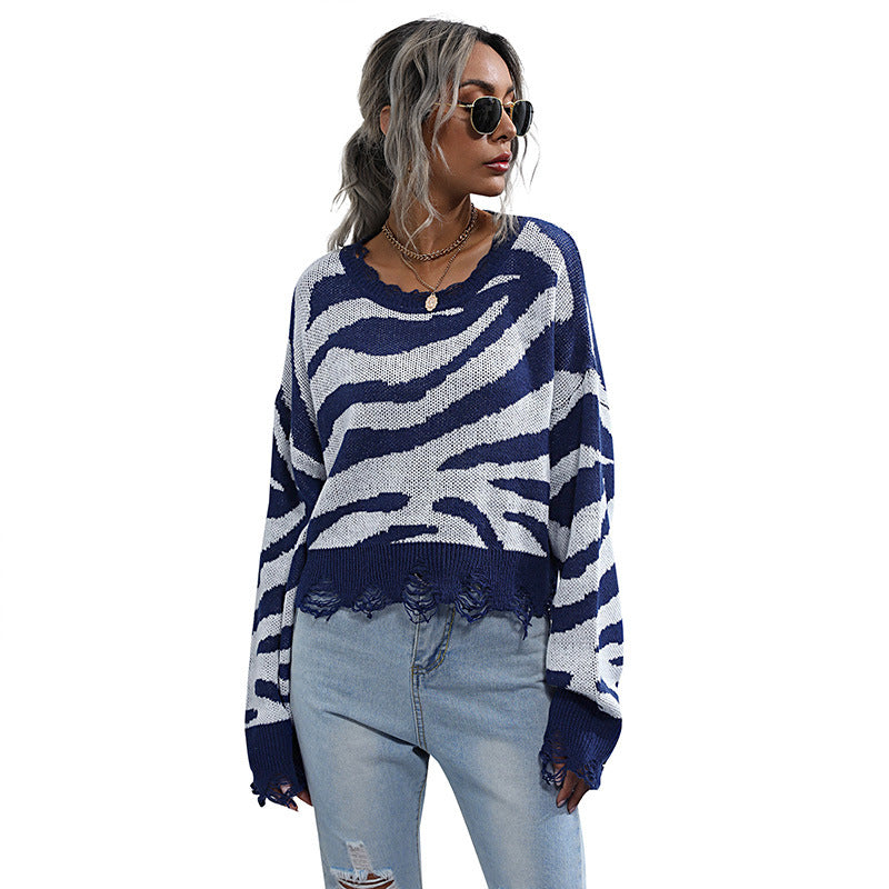 Ladies Stylish Cropped Sweater with Zebra Pattern Mune Fashion
