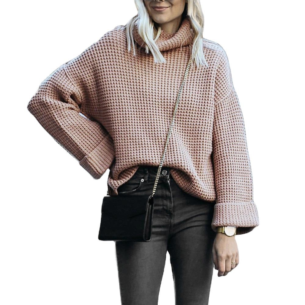 Ladies chunky knit turtleneck sweater with wide oversized cut and folded sleeves Mune Fashion