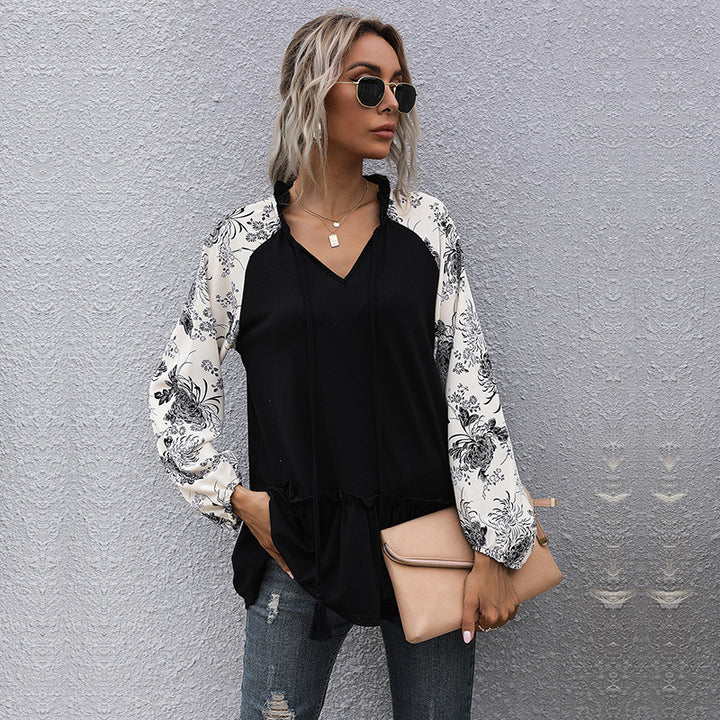 Women's Casual V-Neck Tunic Blouse with Ruffle Hem, Floral Raglan Sleeves and Drawstring
